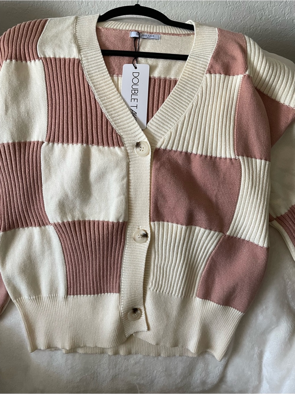 Double Take Pink & Cream Checker Knit Cardigan
